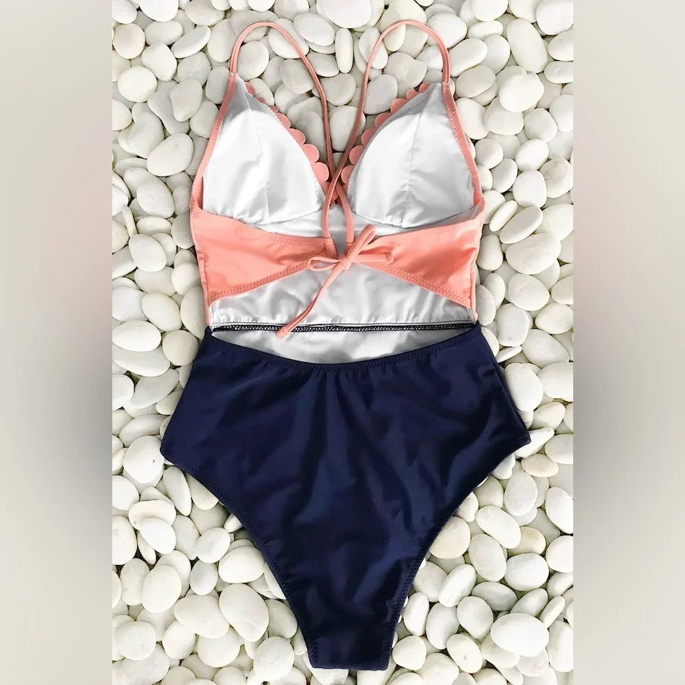 Cupshe Lucky Star Coral and Navy Blue One Piece Swimsuit Size Small - Picture 3 of 10